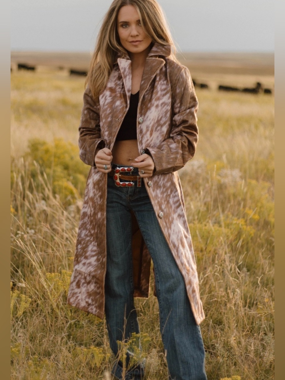 NWT Sterling Creek Brown Cowhide-Print Long Coat Medium